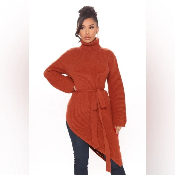 Fashion Nova Wrap Star Asymmetrical Sweater - Cognac - Size S - Picture 1 of 6